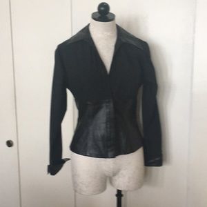 Donna Degnan Leather trim black long sleeve blouse. Size Small